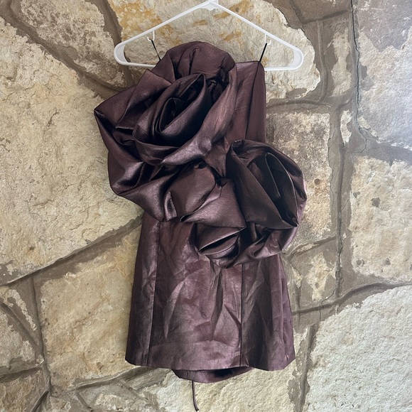 NWT Zara Voluminous Flower Rosette Bronze Brown Metallic Holiday Dress Medium - Picture 8 of 9